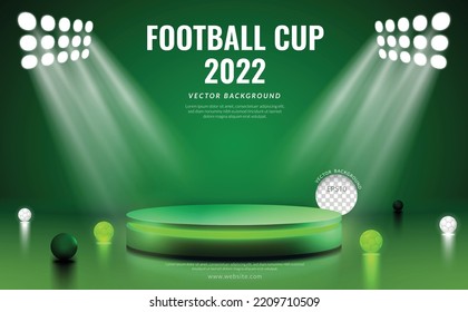 Football cup 2022 product display concept, green podium neon with ball glow on green background, vector illustration