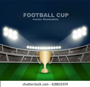 Football cup and crowed of people in soccer stadium celebrate for football match in night time with spot light backdrop.Concept design for template, banner, ads in vector illustration