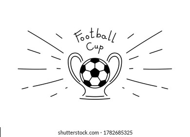 Football cup doodle style hand drawn vector banner. Black line illustration isolated on white background.