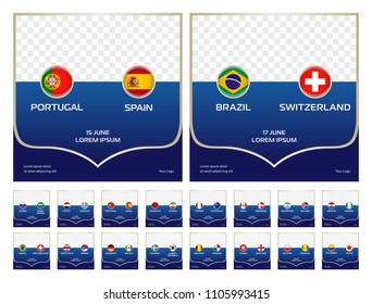 Los grupos de copa de fútbol coinciden con las plantillas vectoriales establecidas, la colección con marcas de país, nombres y fechas de coincidencia. Torneo mundial de fútbol, campeonato. 