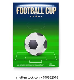 Football cup poster template with place for information and emblem of participants. Night football stadium in the spotlight with ball. 3D illustration, template for print design for football events.