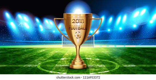 Football cup in the soccer arena on a background of grass field. Night background football field stadium and fans Signs 2018 soccer.Vector concept