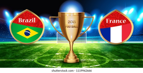 Football cup in the soccer arena on a background of grass field. Brazil France teams, night background football field stadium and fans Signs 2018 soccer.Vector concept