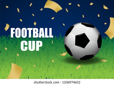 
Football cup .Soccer Ball , football on grass and gold foil confetti  .blue background ,light and shadow . Vector, illustration.