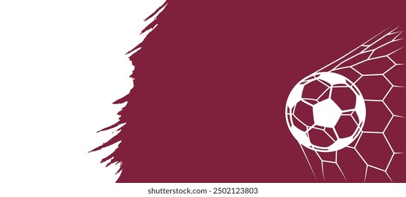 football cup , soccer ball. Football Tournament Poster, Brush Stroke , with Qatar Flag Background, and Football Net Goal