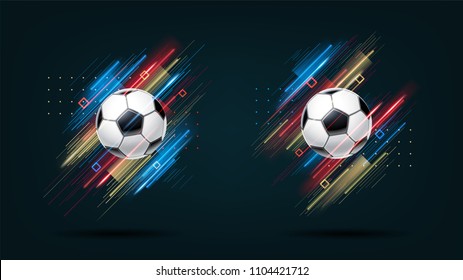 Football cup, soccer championship illustration set. Dynamic neon glowing lines isolated on black background. Realistic 3d ball. Holographic element for design cards, invitations, flyers, brochures.