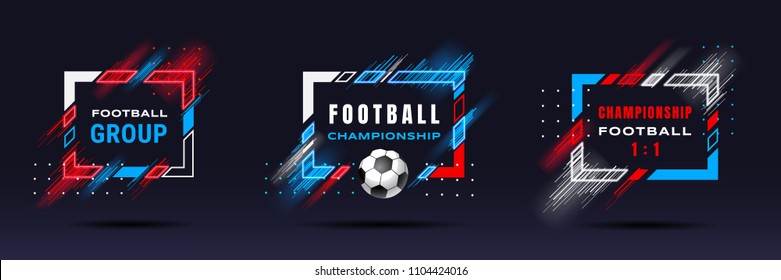 Football cup, soccer championship illustration. Vector frames with dynamic lines isolated on black background. Glitch effect. Holographic element for design cards, invitations, flyers, brochures.