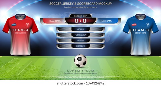 Football cup template for sport event, Soccer jersey mock-up and scoreboard match, global strategy broadcast graphic template, For presentation score or game results (EPS10 vector fully editable)