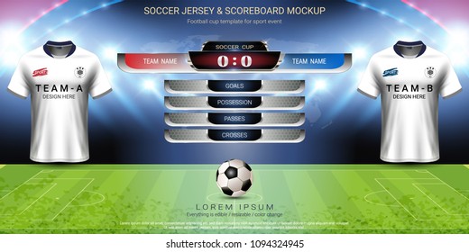 Football cup template for sport event, Soccer jersey mock-up and scoreboard match, global strategy broadcast graphic template, For presentation score or game results (EPS10 vector fully editable)