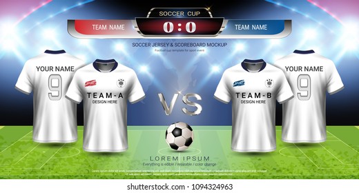 Football cup template for sport event, Soccer jersey mock-up and scoreboard match, global strategy broadcast graphic template, For presentation score or game results (EPS10 vector fully editable)