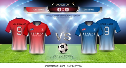 Football cup template for sport event, Soccer jersey mock-up and scoreboard match, global strategy broadcast graphic template, For presentation score or game results (EPS10 vector fully editable)