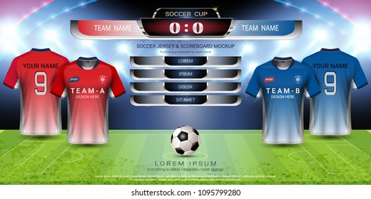 Football cup template for sport event, Soccer jersey mock-up and scoreboard match, global strategy broadcast graphic template, For presentation score or game results (EPS10 vector fully editable)