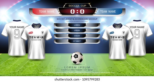 Football cup template for sport event, Soccer jersey mock-up and scoreboard match, global strategy broadcast graphic template, For presentation score or game results (EPS10 vector fully editable)