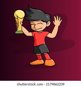 Football cup winner illustration, cartoon boy with trophy