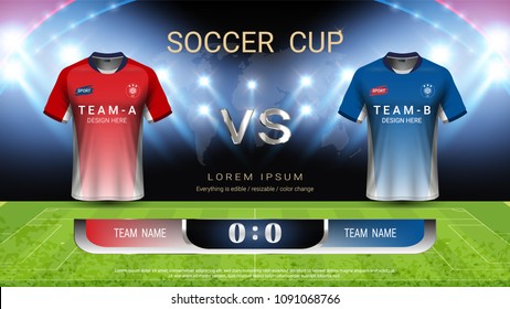 Football cup or World championship sport event, Soccer jersey mock-up and scoreboard match vs strategy broadcast graphic template, For presentation score or game results (Vector Eps10, fully editable)