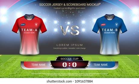 Football cup or World championship sport event, Soccer jersey mock-up and scoreboard match vs strategy broadcast graphic template, For presentation score or game results (Vector Eps10, fully editable)