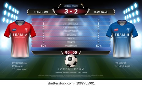 Football cup or World championship sport event, Soccer jersey mock-up and scoreboard match vs strategy broadcast graphic template, For presentation score or game results (Vector Eps10, fully editable)