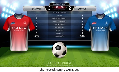 Football cup or World championship sport event, Soccer jersey mock-up and scoreboard match vs strategy broadcast graphic template, For presentation score or game results (Vector Eps10, fully editable)