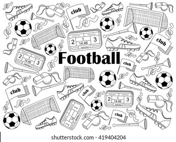 Football design colorless set vector illustration. Coloring book. Black and white line art
