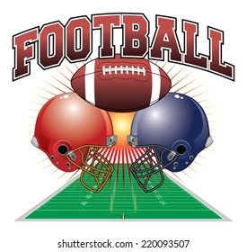 Football Design is an illustration of a football design which includes a football, two football helmets and a football field in perspective with a sunburst background.