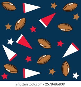 football design in a pattern with school or varsity pennants, school sports design with champions mascot.