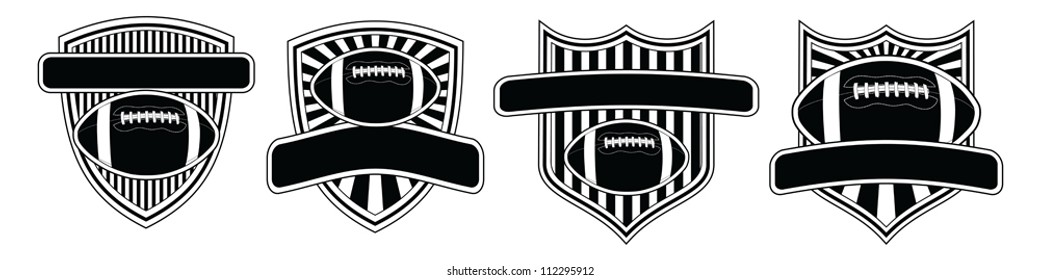 Football Design Templates is an illustration of football related designs. Footballs float above shields or crests with sunburst or stripes and banners for your text. Great for t-shirts.