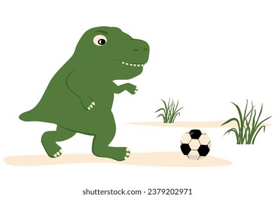 Football and a dinosaur. Vector stock illustration. Cute Tyrannosaurus rex and soccer. Ball. Isolated on a white background.