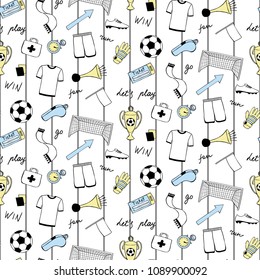 Football doodle objects and lettering seamless pattern. Sport hand drawn outline pattern, words and phrase win, play, fan, goal, run, all go on football. Soccer vertical striped coloring page.