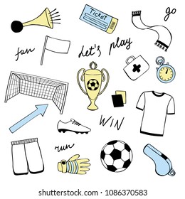 Football doodle objects and lettering set. Sport hand drawn outline pattern, words and phrases. Soccer coloring page.