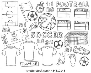 Football doodles set. Soccer pencil effect sketches. European football theme sport elements. France soccer. Football championship. Football doodles. Brazil football. Doodles set. Soccer doodles.