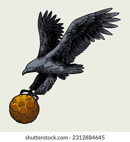 Football eagle. Eagle flying with a soccer ball. Realistic soccer mascot predator bird isolated vector illustration.