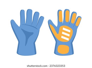 Etiqueta de elemento de fútbol. Guantes de los guardianes azules. Torneo y competencias. Equipo de futbolista. Plantilla y diseño. Dibujo vectorial plano de dibujos animados aislado en fondo blanco