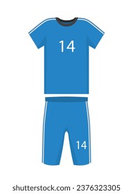 Football element sticker. Blue tshirt with shorts. Tournament and competitions. Football uniform for team. Poster or banner. Cartoon flat vector illustration isolated on white background