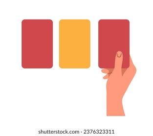 Football element sticker. Hand with red and yellow cards. Tournament and competitions. Referees equipment. Template and layout. Cartoon flat vector illustration isolated on white background