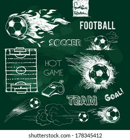 Football elements and ball on green chalkboard. Vector sketch.