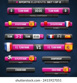 Football elements for broadcasting match. Sport scoreboard with time, information and result display. Vector template for your design.