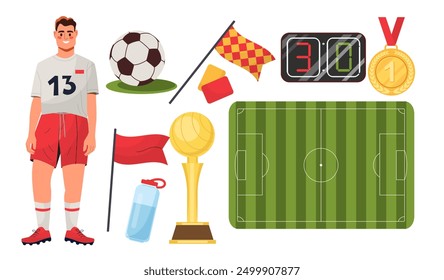 Football elements set. Man in sports uniform, ball and corner flag, gold medal and cup, bottle of water. Active lifestyle and team sports. Flat vector collection isolated on white background