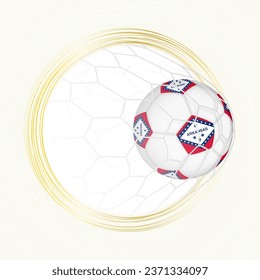 Football emblem with football ball with flag of Arkansas in net, scoring goal for Arkansas. Vector emblem.