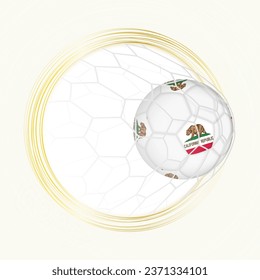 Football emblem with football ball with flag of California in net, scoring goal for California. Vector emblem.