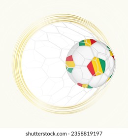 Football emblem with football ball with flag of Guinea in net, scoring goal for Guinea. Vector emblem.