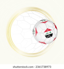 Football emblem with football ball with flag of Iraq in net, scoring goal for Iraq. Vector emblem.