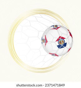 Football emblem with football ball with flag of Missouri in net, scoring goal for Missouri. Vector emblem.