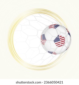 Football emblem with football ball with flag of USA in net, scoring goal for USA. Vector emblem.