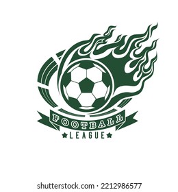 Football emblem with ball on fire, flame and sports arena, isolated monochrome picture. Vector illustration