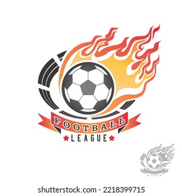 Football emblem with ball on fire, flame and sports arena, isolated color picture. Vector illustration