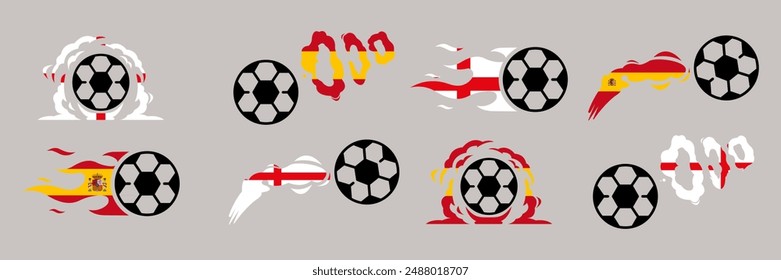 Football England vs Spain. Soccer Ball Comic Style. Soccer or Football Ball Fly at High Speed. Vector Icon