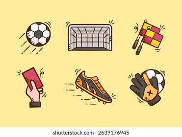 Football equipment hand drawn illustration. Set of soccer kit collection vector icon doodle. Containing ball, shoes, soccer glove, red card, referee flag, goal post outline style design.	