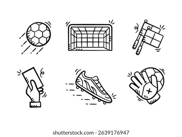 Football equipment hand drawn illustration. Set of soccer kit collection vector icon doodle. Containing ball, shoes, soccer glove, red card, referee flag, goal post outline style design.	