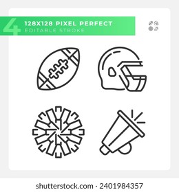 Football equipment linear icons set. American football player helmet. Team support. Game day. Customizable thin line symbols. Isolated vector outline illustrations. Editable stroke