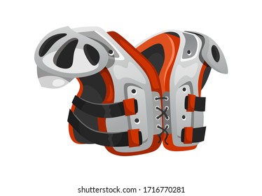 Football equipment shoulder pads for protection vector illustration. Part of uniform used in many contact sports such as american soccer cartoon design. Isolated on white